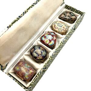 Set of 5 Cloisonné Mini Trinkets Boxes Vintage Chinese Export Ceramics